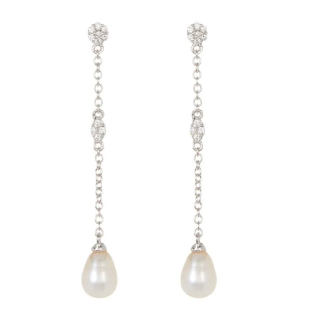Adornia Rhodium Plated Swarovski Crystal & 7mm Freshwater Pearl Drop Earring NEW